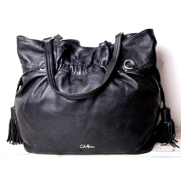LARGE Cole Haan BLACK GENUINE LEATHER TASSELS TOTE SHOULDER BAG HANDBAG PURSE - Picture 4 of 12